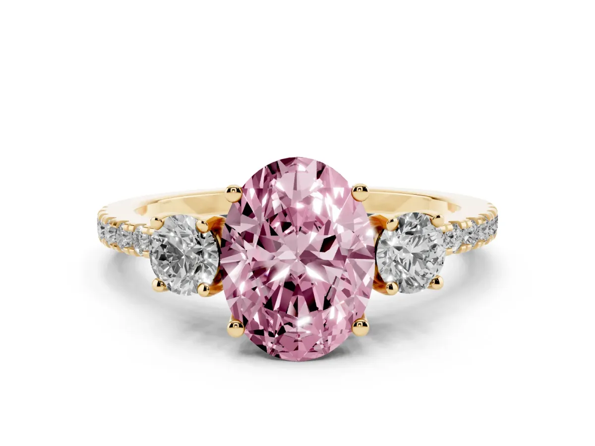 Fancy Pink Three-Stone Oval Cut Cut Diamond Pavé Band with Prong Setting Yellow gold