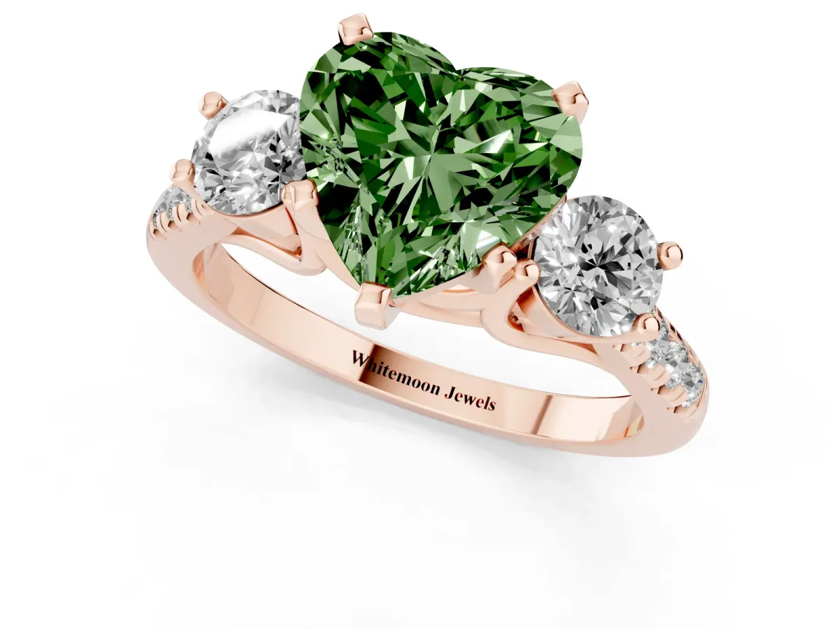 Fancy Green Three-Stone Heart Cut Diamond Pavé Band with Four-Prong Setting Rose gold