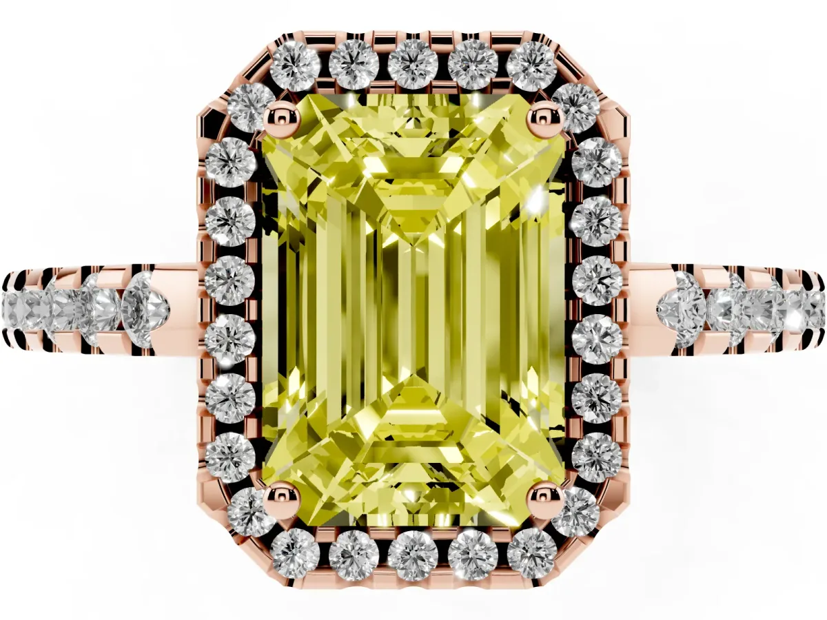 Fancy Yellow Emerald Cut Diamond Halo Engagement Ring with Pavé Band and Prong Setting Rose gold