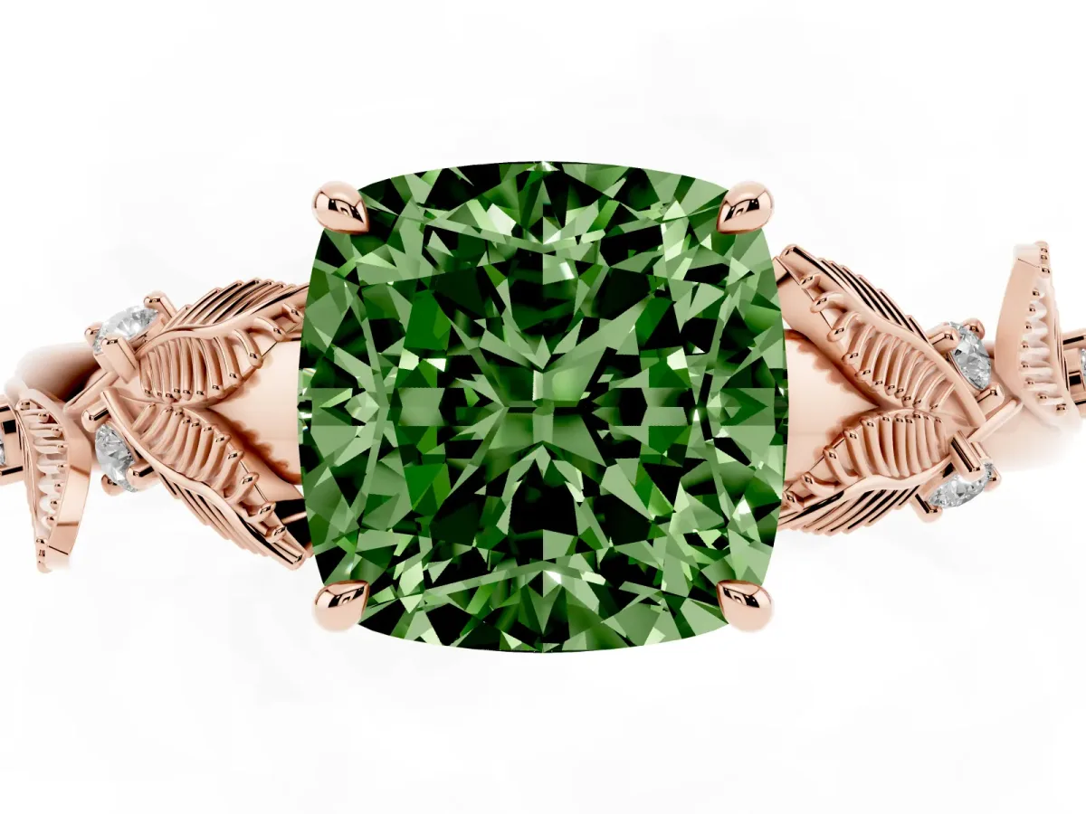 Fancy Green Cushion Cut Diamond Solitaire Ring with Leaf Motif Band and Four-Prong Setting Rose gold