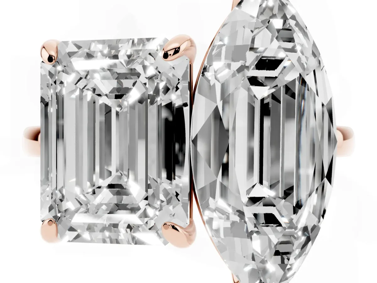 Emerald and Marquise Toi Moi Ring with Prong Setting and Plain Band Rose gold