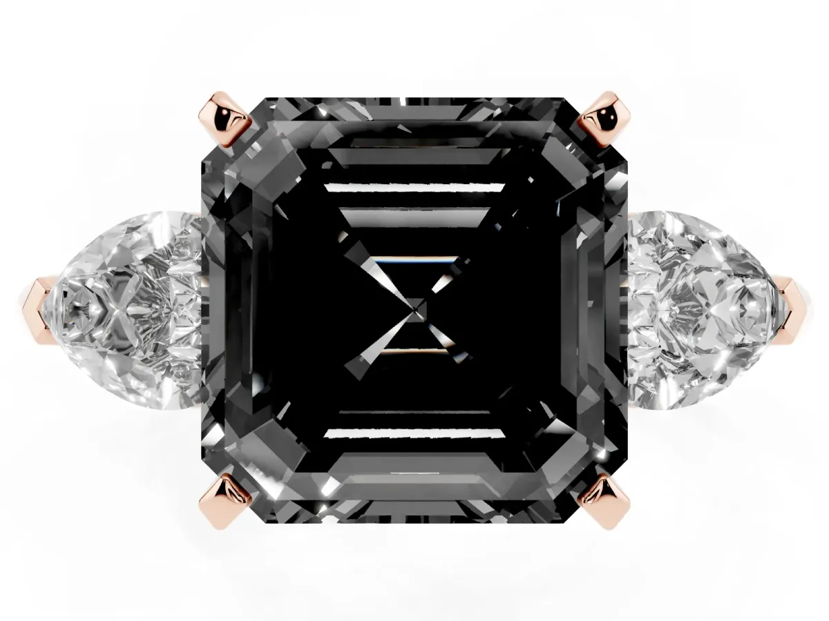Fancy Black Three-Stone Asscher Cut Diamond Ring with Pear Side Stones and Four-Prong Setting Rose gold