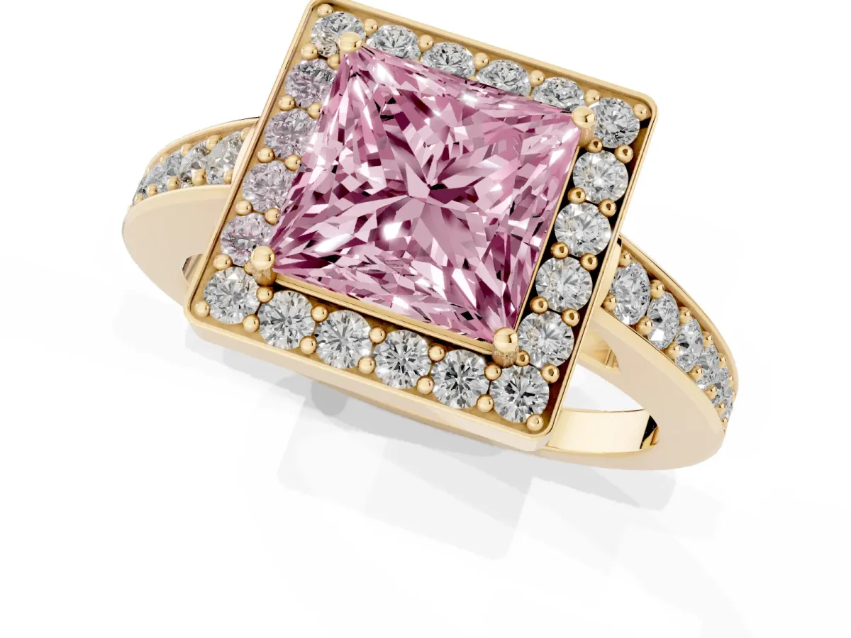 Fancy Pink Princess Cut Halo Pavé Diamond Engagement Ring with Bezel Setting Yellow gold