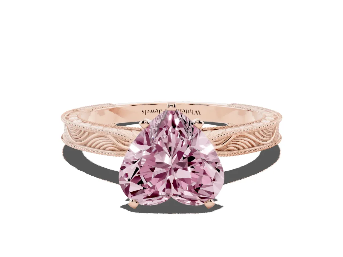 Fancy Pink Heart Cut Solitaire Milgrain Engraved Band with Four-Prong Setting Rose gold