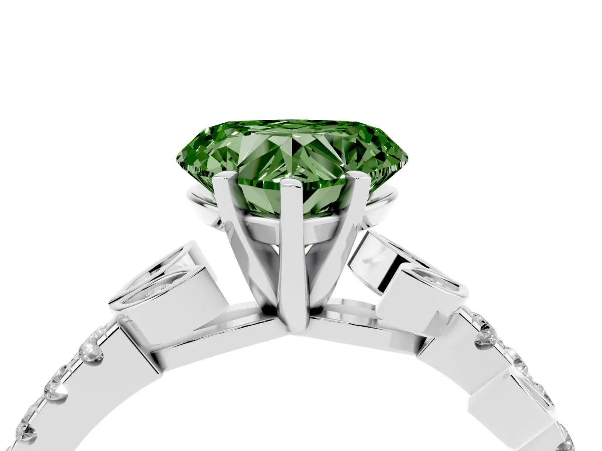 Fancy Green Heart Cut Solitaire Leaf-Inspired Diamond Ring with Pavé Band and Four-Prong Setting Silver