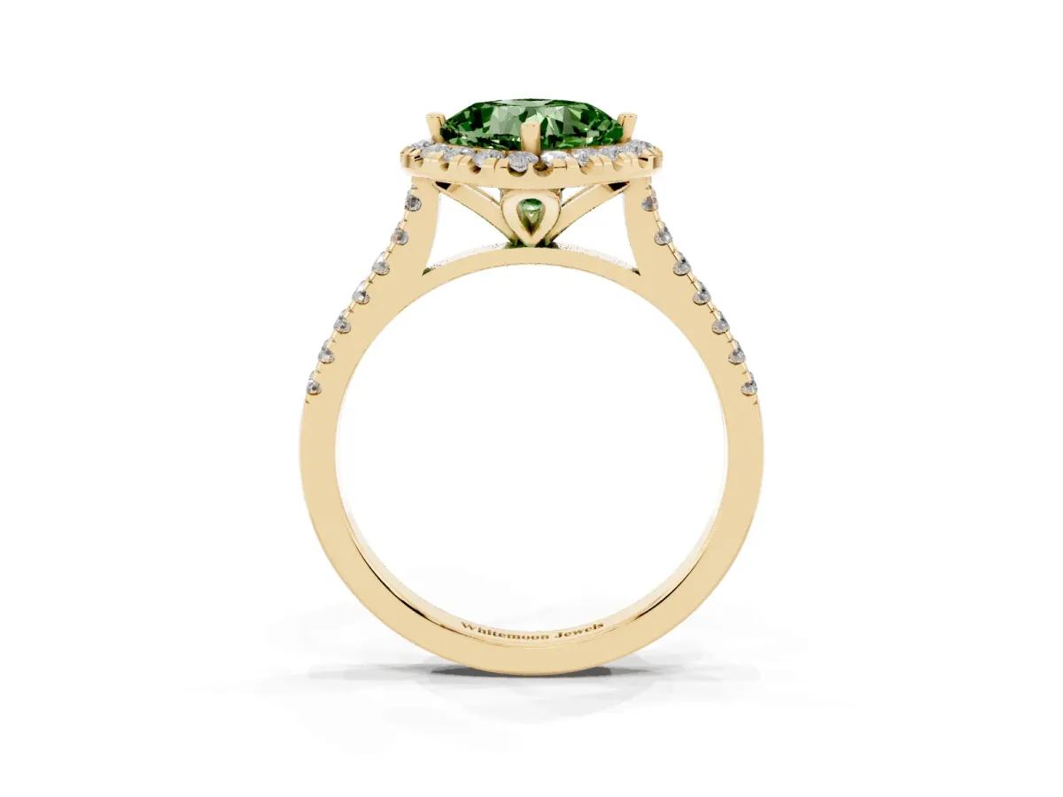 Fancy Green Cushion Cut Diamond Cushion Halo Ring with Pavé Band Yellow gold
