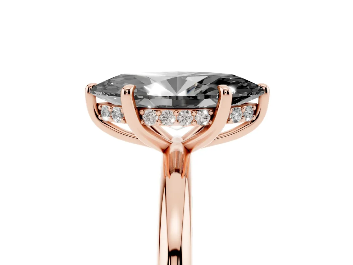 Fancy Black Marquise Cut Diamond Solitaire Ring with Thin Band and Four-Prong Setting Rose gold