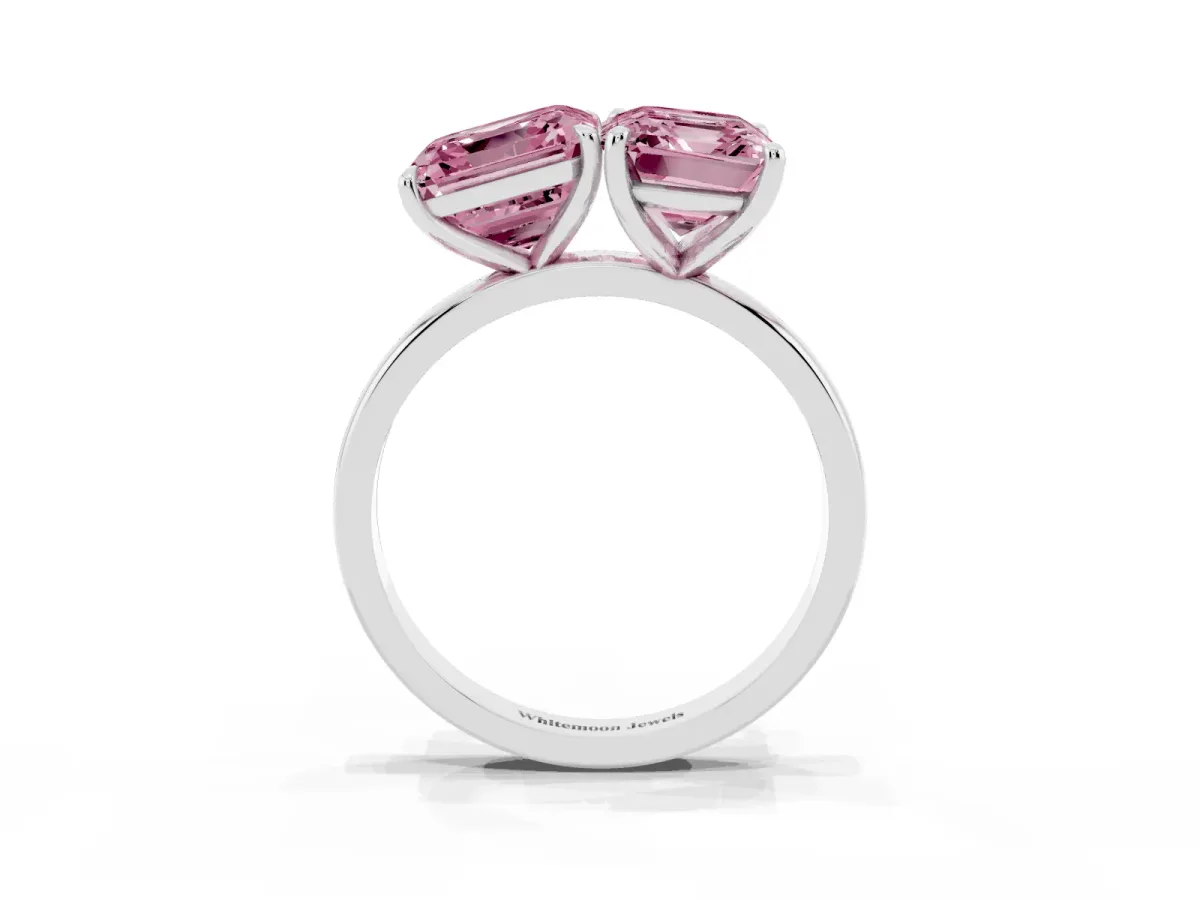Fancy Pink Asscher Cut and Emerald Cut Toi Moi Ring with Prong Setting Silver