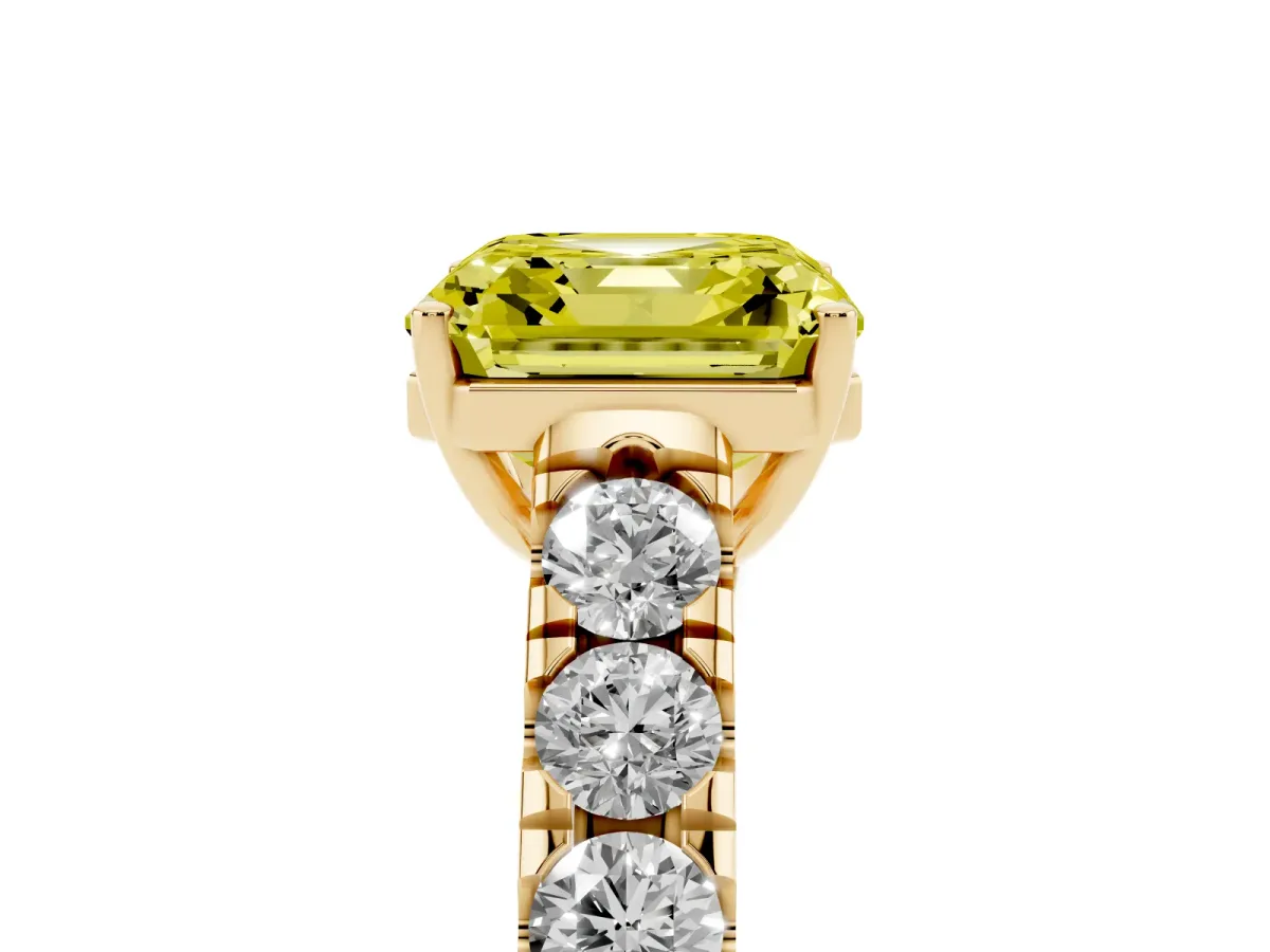 Fancy Yellow Asscher Cut Cut Diamond Solitaire Ring with Micro Pave Band and Prong Setting Yellow gold