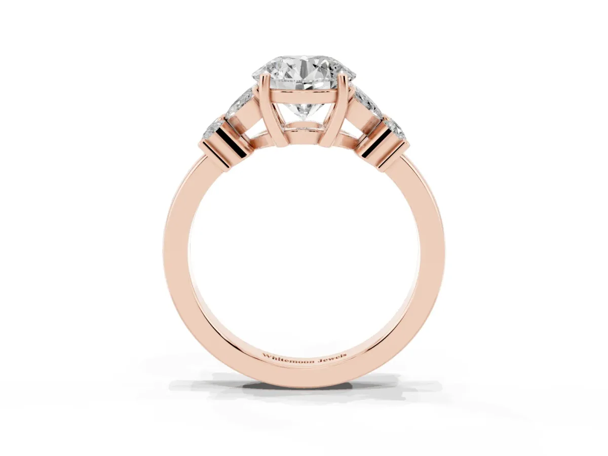 Round Cut Diamond Floral Cluster Ring with Solitaire Band and Prong Setting Rose gold