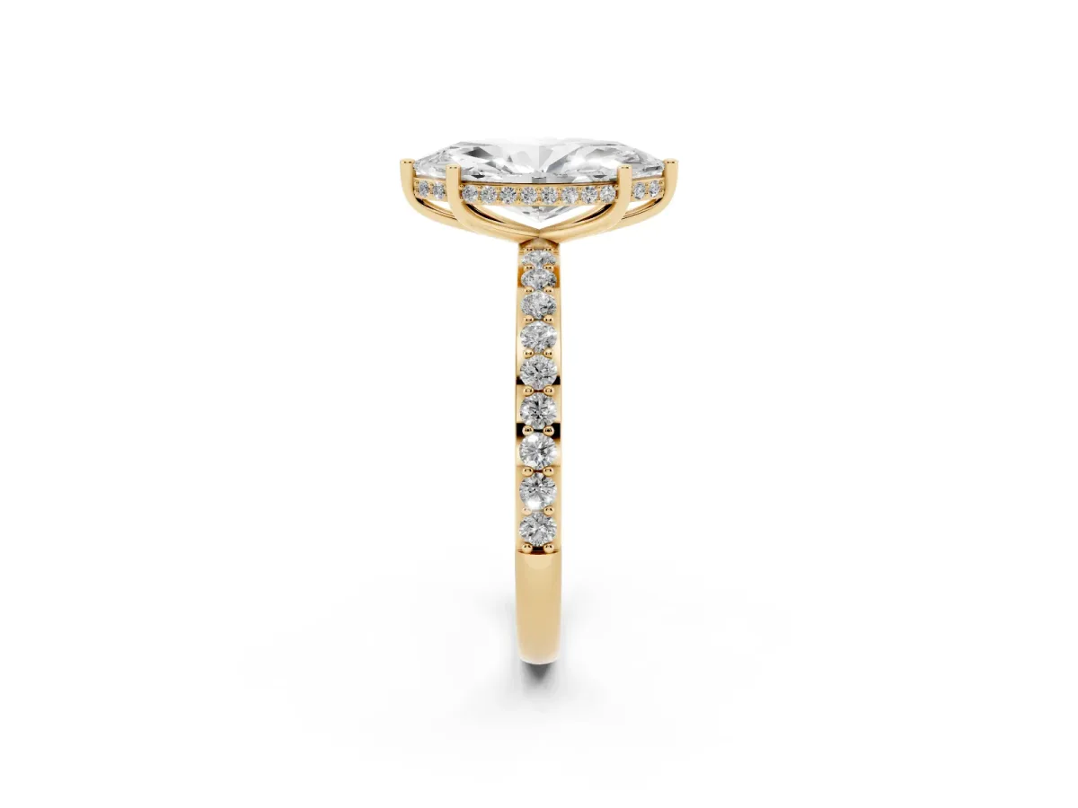 Marquise Cut Diamond Solitaire Ring with Pavé Band and Hidden Halo Yellow gold
