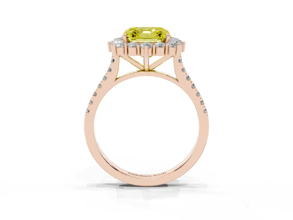 Fancy Yellow Asscher Cut Halo Diamond Ring with Pavé Band and Prong Setting Rose gold