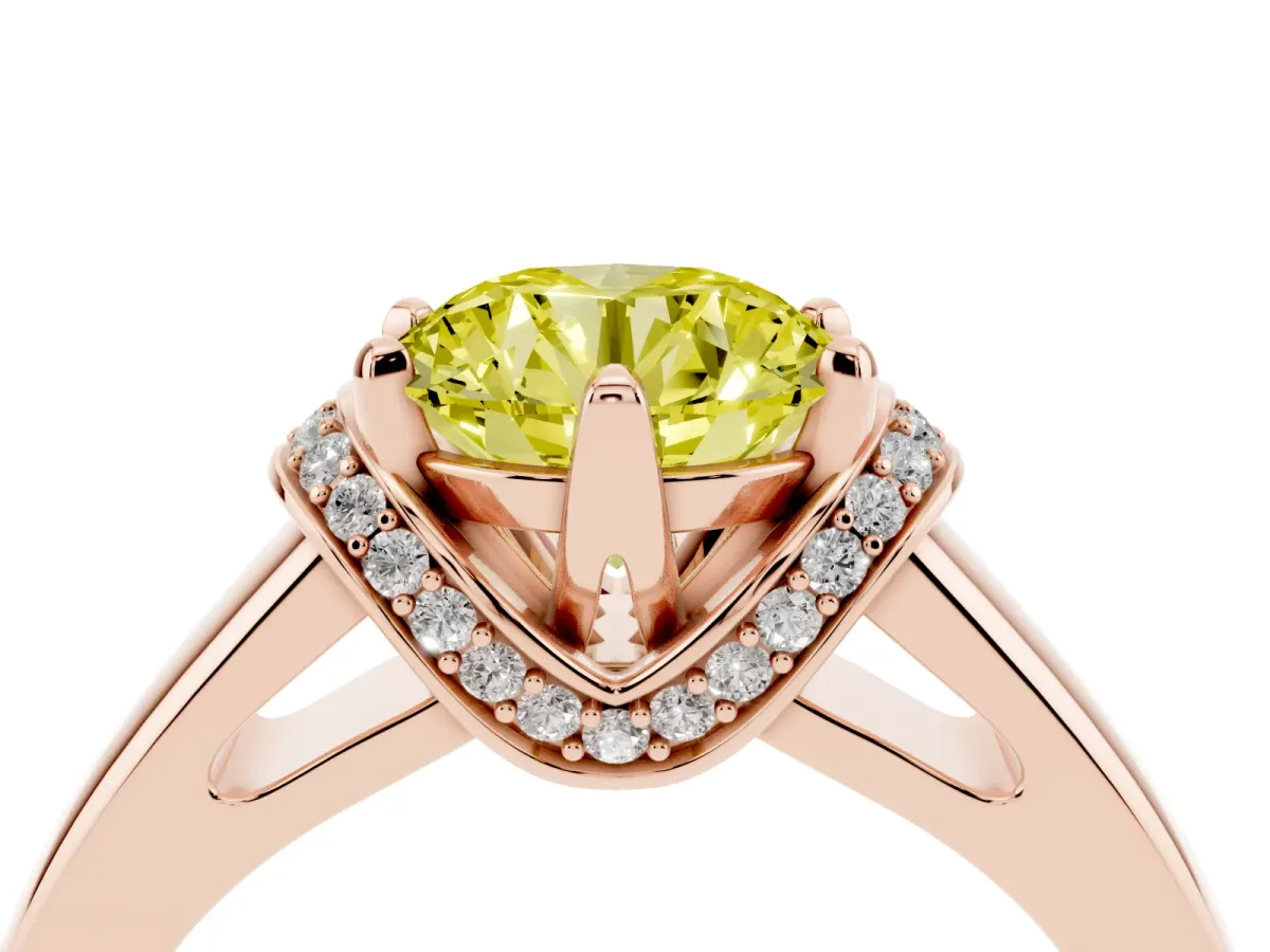 Fancy Yellow Round Cut Solitaire Diamond Ring with Pave Band and Six-Prong Setting Rose gold