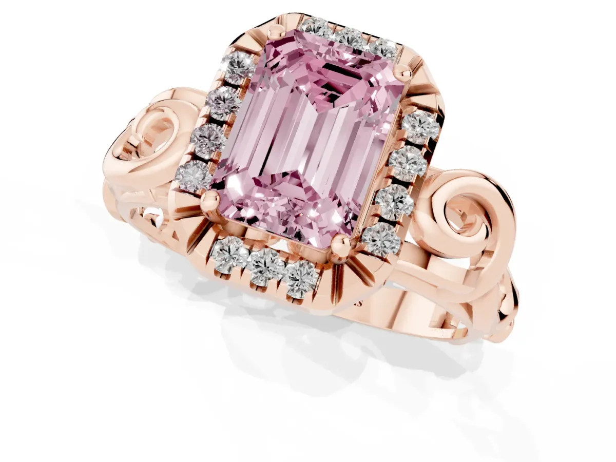 Fancy Pink Emerald Cut Cut Halo Diamond Ring with Scrollwork Band and Four-Prong Setting Rose gold