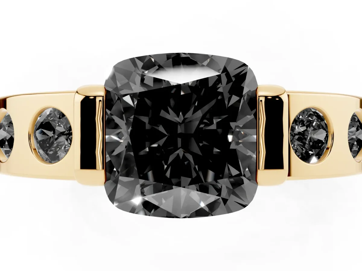 Fancy Black Cushion Cut Brilliant Channel-Set Diamond Ring with Bezel Prong Setting Yellow gold