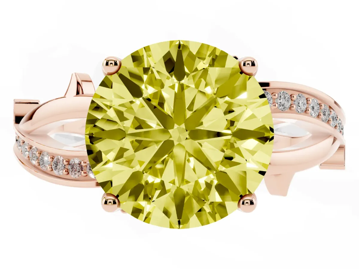 Fancy Yellow Round Cut Solitaire Twist Band with Pavé Accents and Four-Prong Setting Rose gold