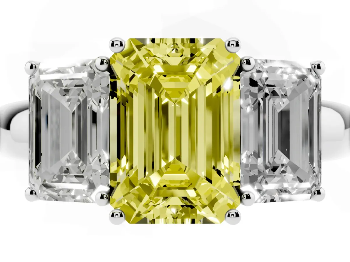 Fancy Yellow Emerald Cut Diamond Three-Stone Ring with Four-Prong Setting and Classic Band Silver