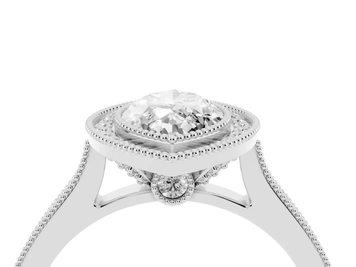 Halo Marquise Cut-Cut Diamond Pave Band Milgrain Prong Setting Ring Silver