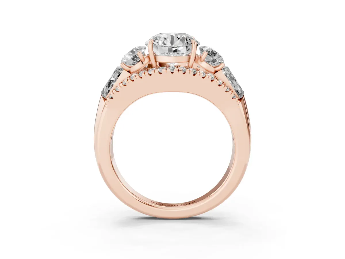 Three-Stone Round Cut Diamond Engagement Ring with Pave Band and Prong Setting Rose gold