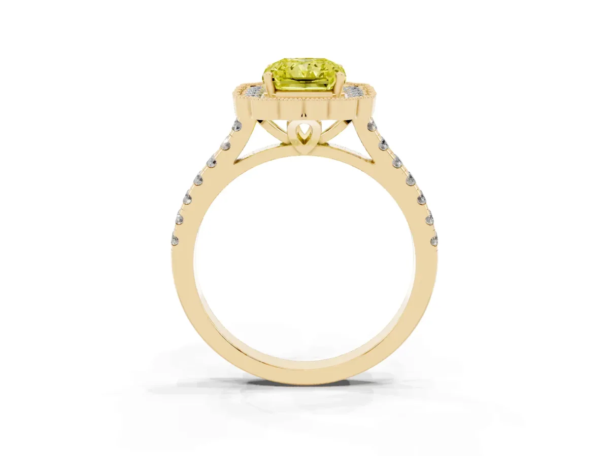 Fancy Yellow Radiant Cut Cut Diamond Milgrain Floral Halo Engagement Ring with Pavé Band Yellow gold