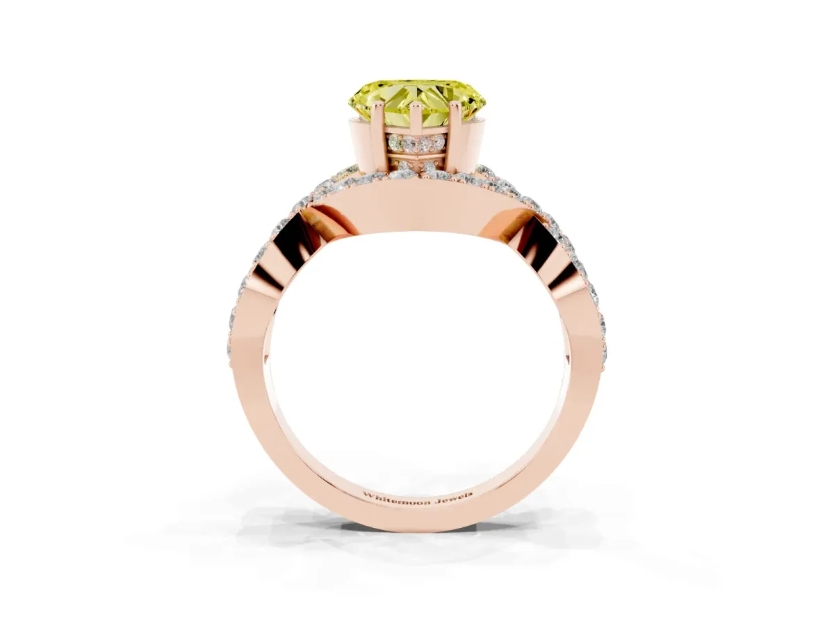 Fancy Yellow Heart Cut Solitaire Twist Band Pavé Diamond Engagement Ring Rose gold