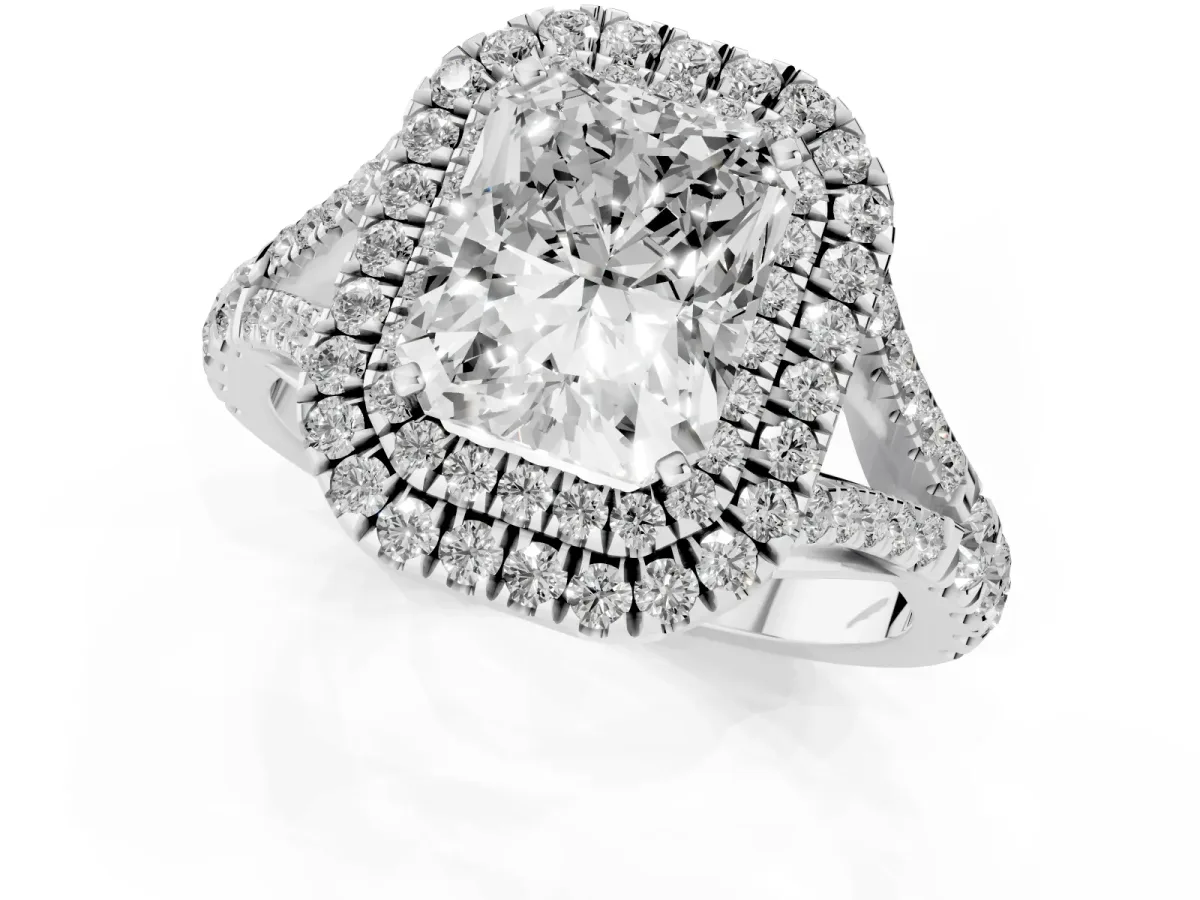 Radiant Cut Cut Double Halo Split Shank Diamond Ring with Prong Setting Silver