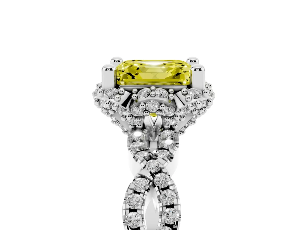 Fancy Yellow Asscher Cut Halo Twist Band Solitaire Ring with Six-Prong Setting Silver