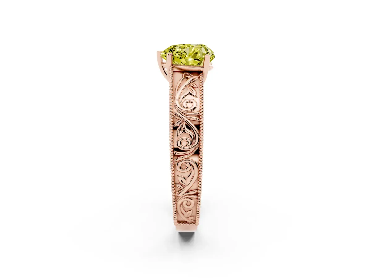 Fancy Yellow Heart Cut Diamond Solitaire Ring with Engraved Band and Four-Prong Setting Rose gold