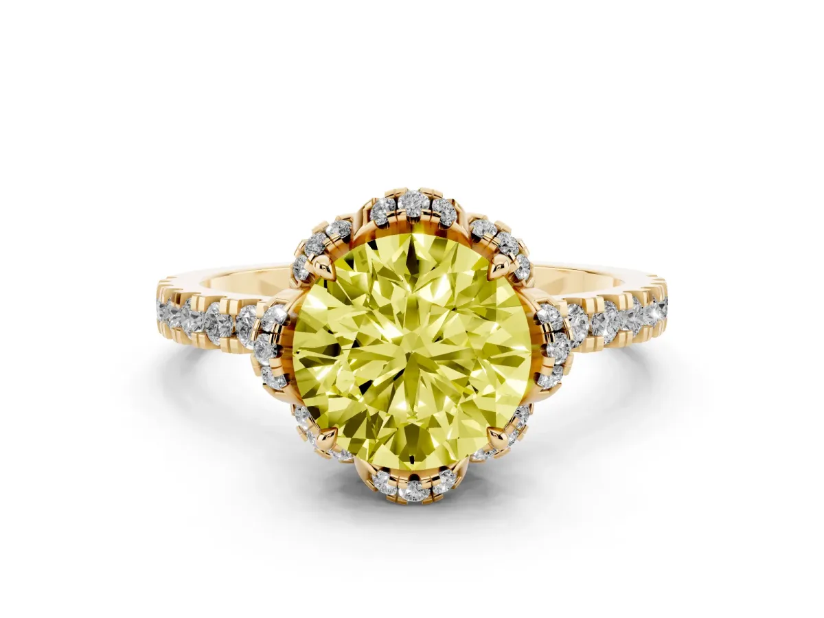 Fancy Yellow Round Cut Diamond Halo Pave Band with Four-Prong Setting Yellow gold