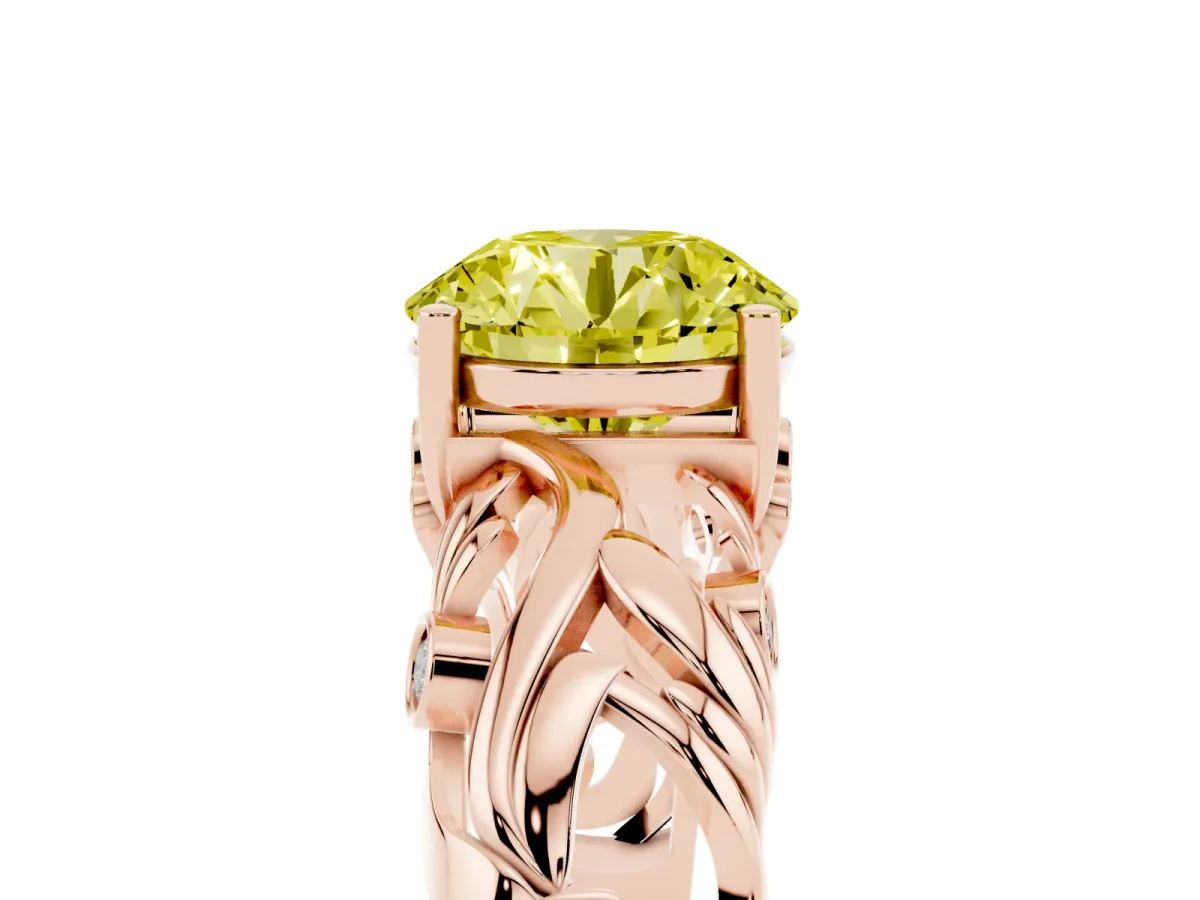 Fancy Yellow Round Cut Solitaire Diamond Leaf-Inspired Vine Band Ring with Prong Setting Rose gold