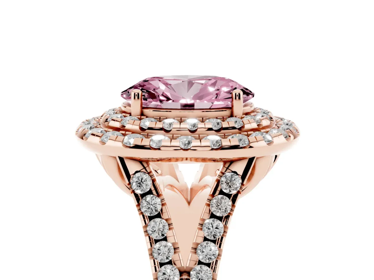 Fancy Pink Double Halo Oval Cut Diamond Pavé Split Shank Ring with Prong Setting Rose gold