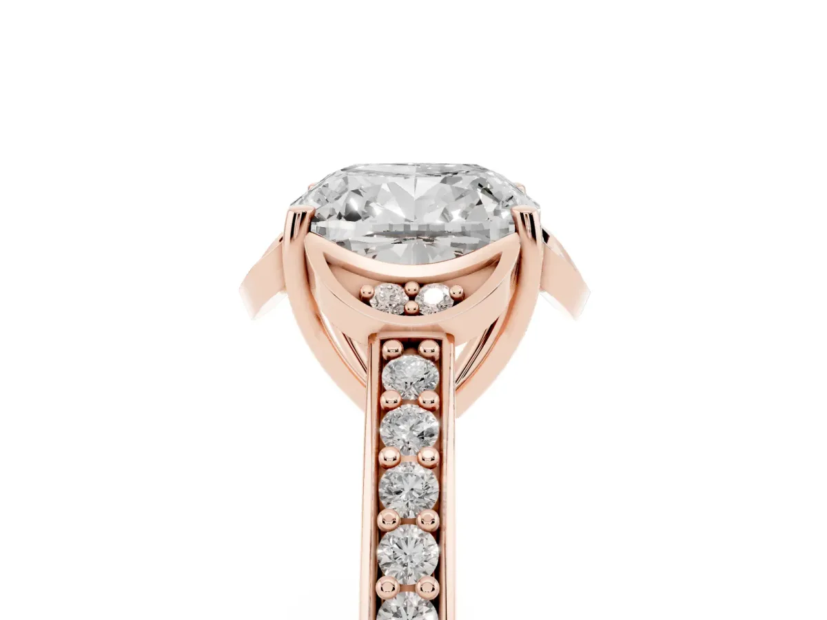 Cushion Cut Cut Halo Diamond Ring with Channel Set Band and Four-Prong Setting Rose gold