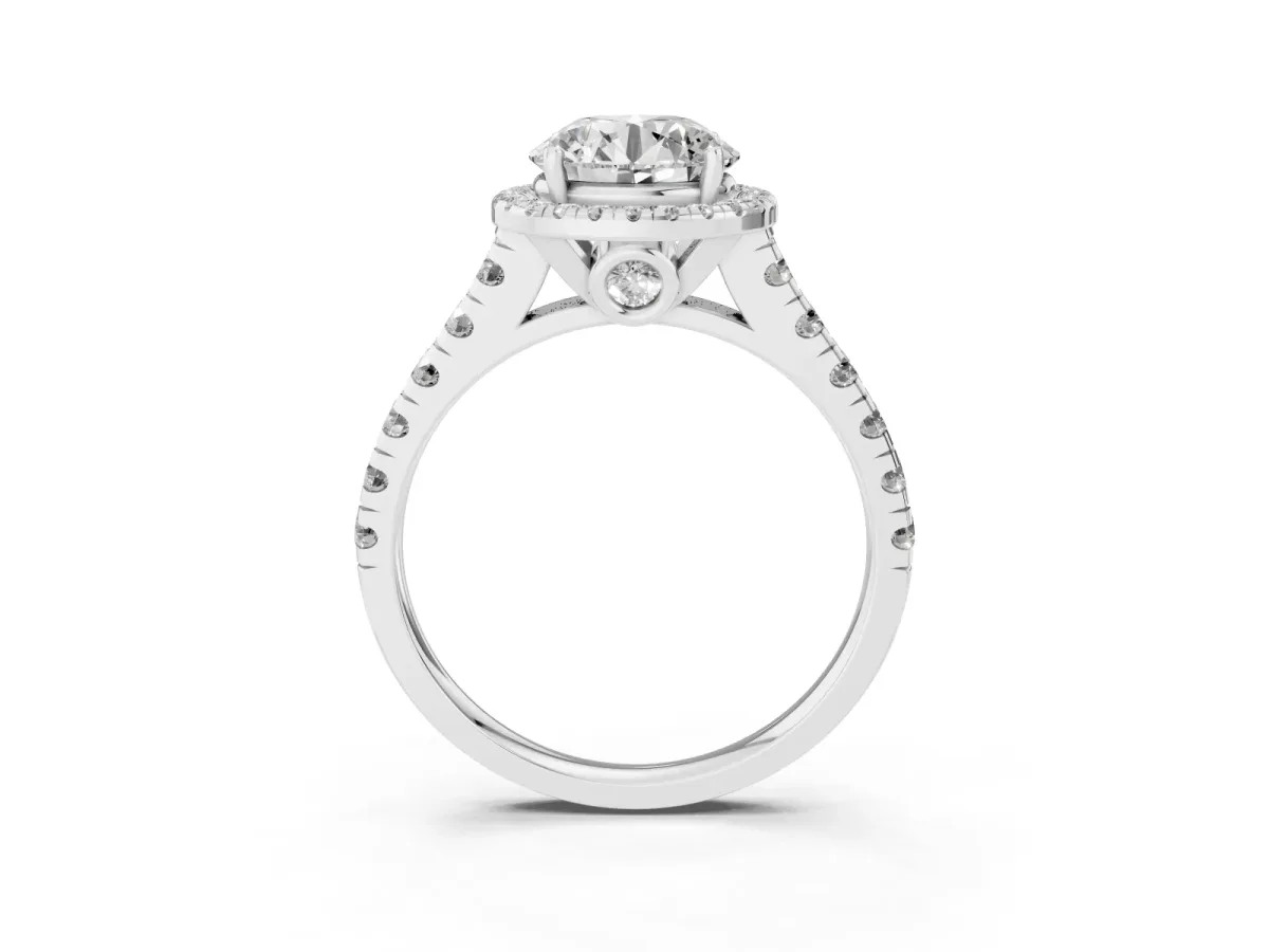 Round Cut Halo Pavé Diamond Engagement Ring with Four-Prong Setting Silver