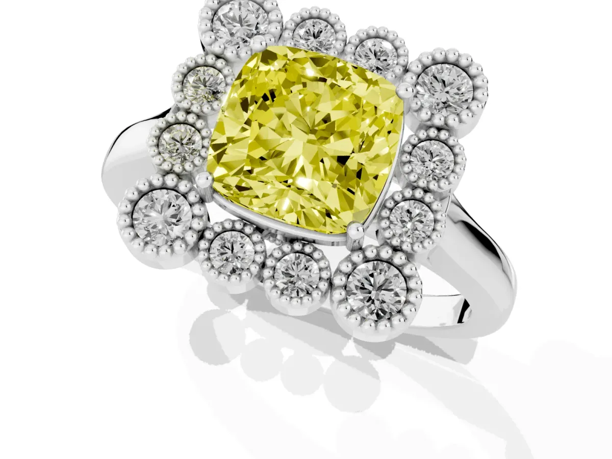 Fancy Yellow Cushion Cut Halo Diamond Cluster Engagement Ring with Milgrain Bezel Setting and Solitaire Band Silver