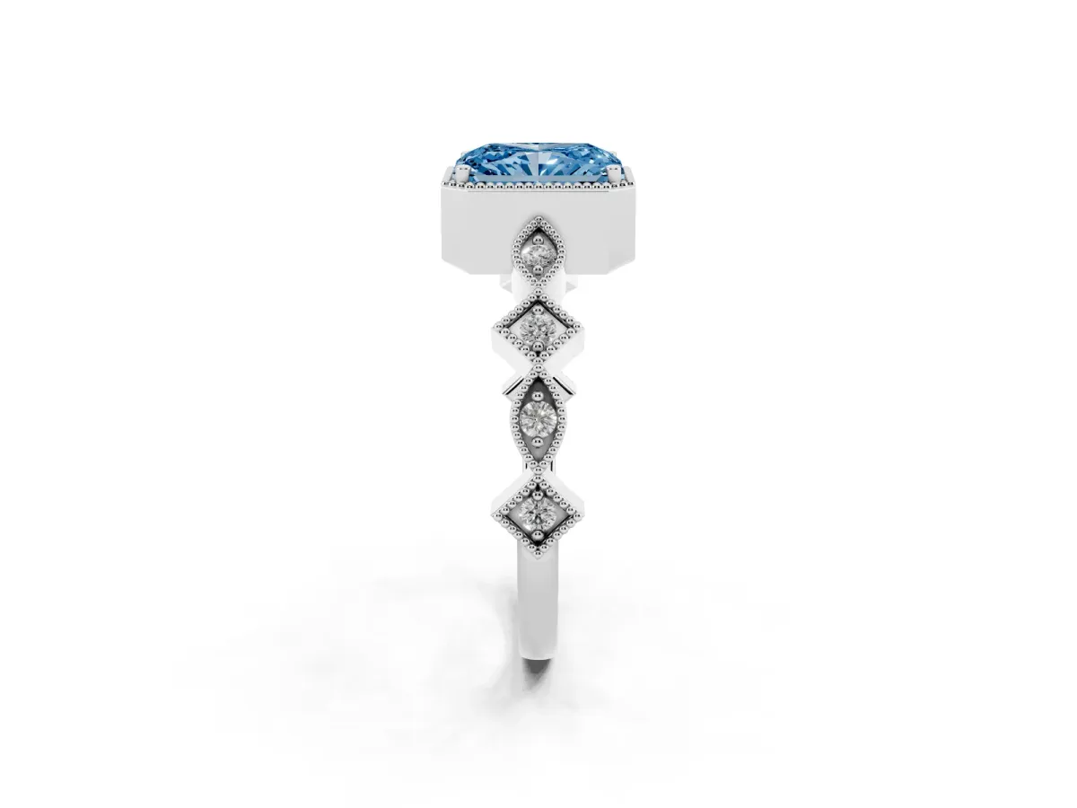 Fancy Blue Radiant Cut Milgrain Marquise Diamond Twist Band Ring Silver