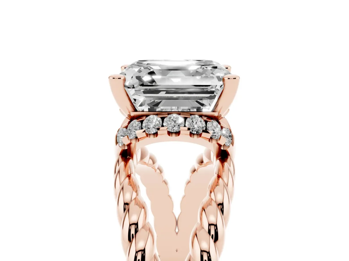 Asscher Cut Halo Twisted Band Four-Prong Ring Rose gold