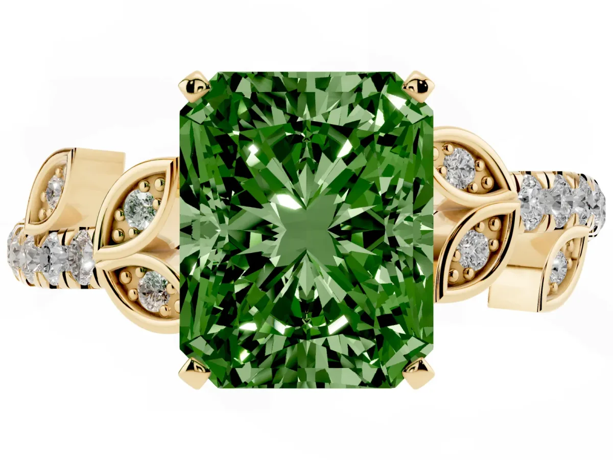 Fancy Green Radiant Cut Solitaire Leaf-Inspired Diamond Ring with Pavé Band and Four-Prong Setting Yellow gold