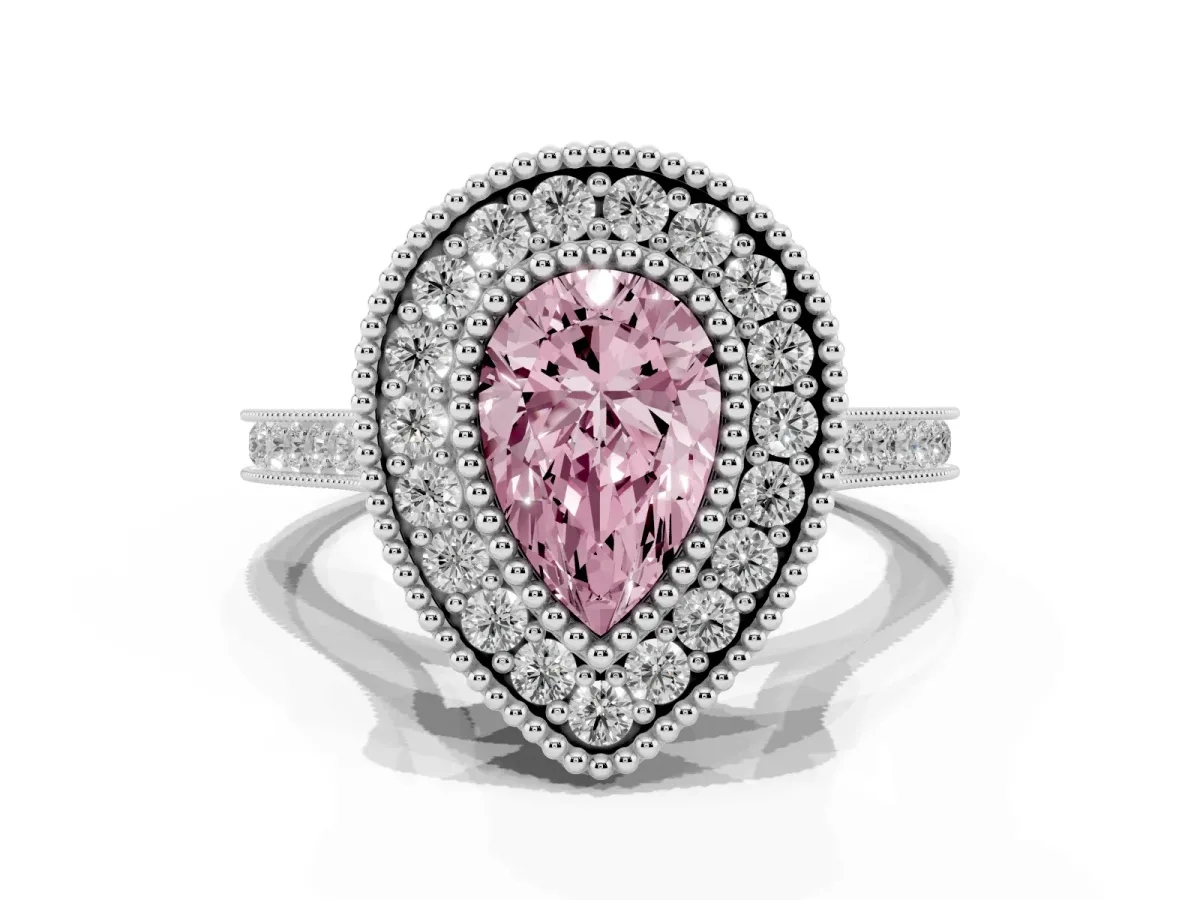 Fancy Pink Pear Cut Diamond Halo Ring with Milgrain Frame and Pavé Band Platinum