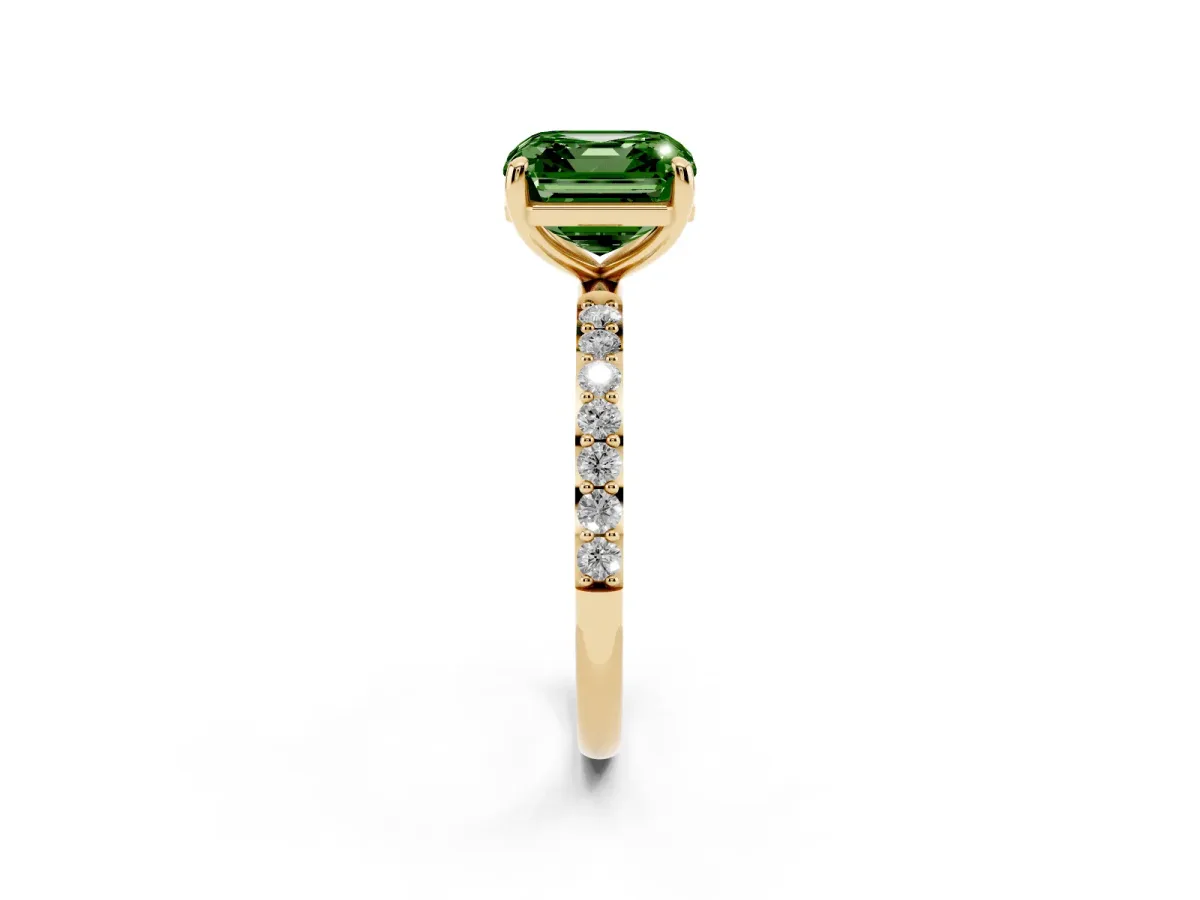 Fancy Green Asscher Cut Diamond Solitaire Ring with Round Pavé Band and Prong Setting Yellow gold