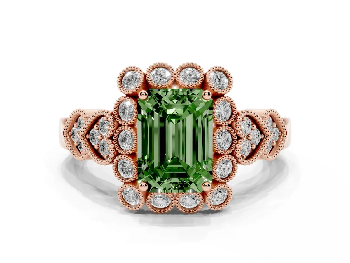 Fancy Green Emerald Cut Brilliant Milgrain Pave Heart Band Solitaire Ring Rose gold
