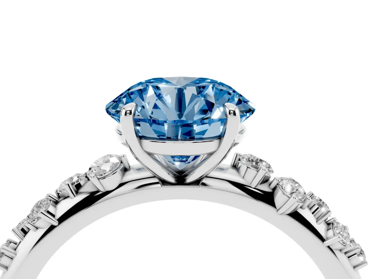 Fancy Blue Round Cut Diamond Cluster Prong-Set Solitaire Ring White gold