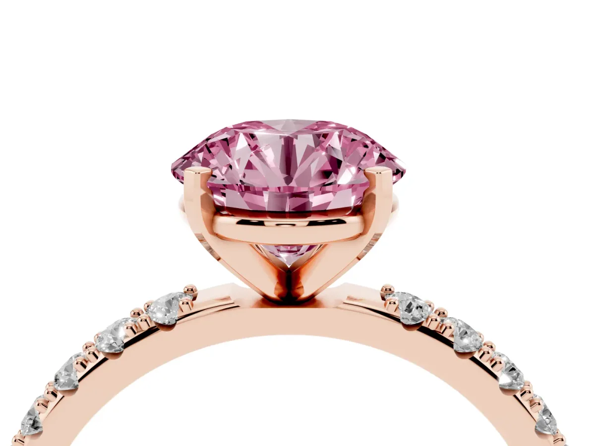 Fancy Pink Round Cut Diamond Solitaire Pavé Band with Four-Prong Setting Rose gold