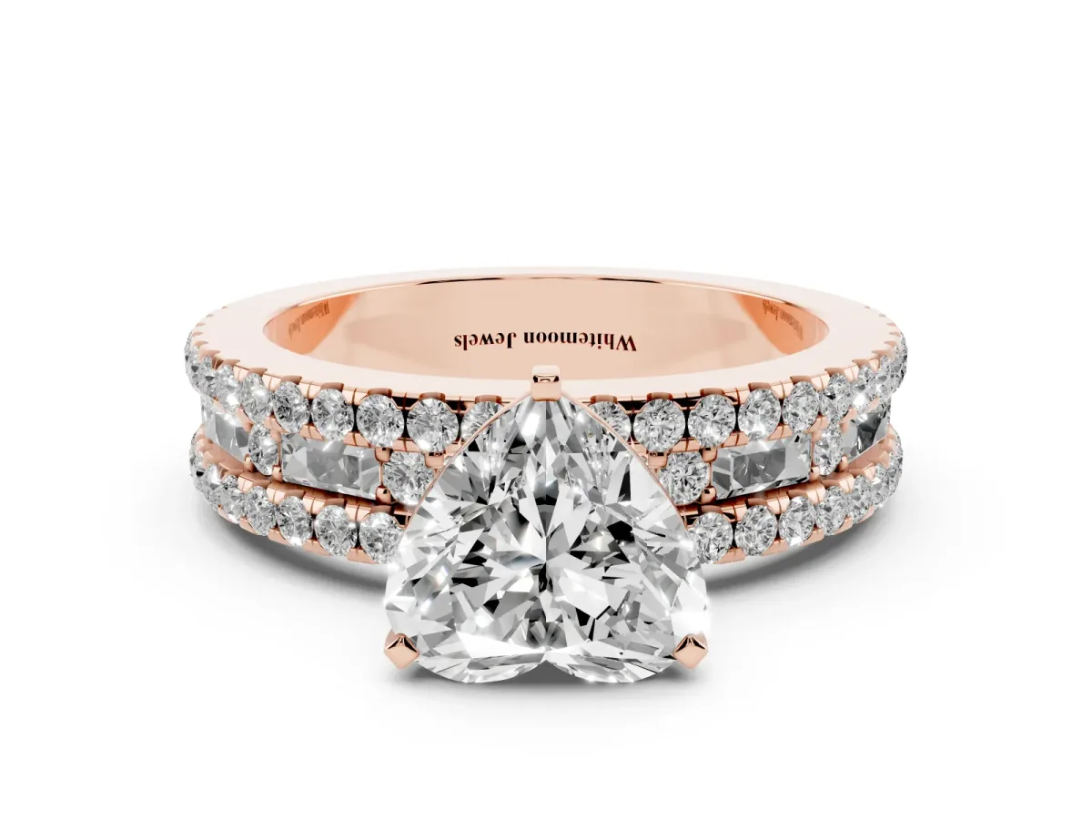 Heart Cut Diamond Solitaire Ring with Pavé and Channel Set Band Rose gold