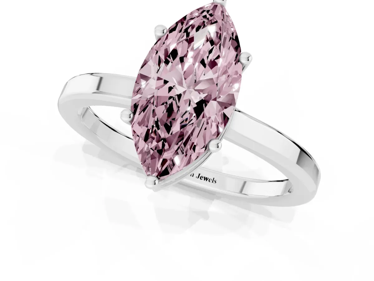 Fancy Pink Marquise Cut Cut Solitaire Engagement Ring with Four-Prong Setting on a Classic Band Silver