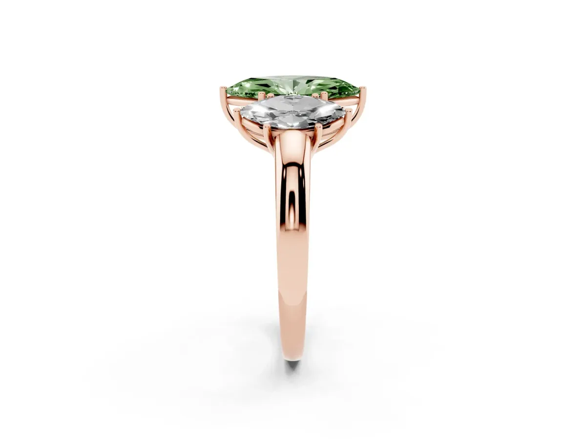 Fancy Green Marquise Cut Diamond Three-Stone Ring with Four-Prong Setting and Classic Band Rose gold