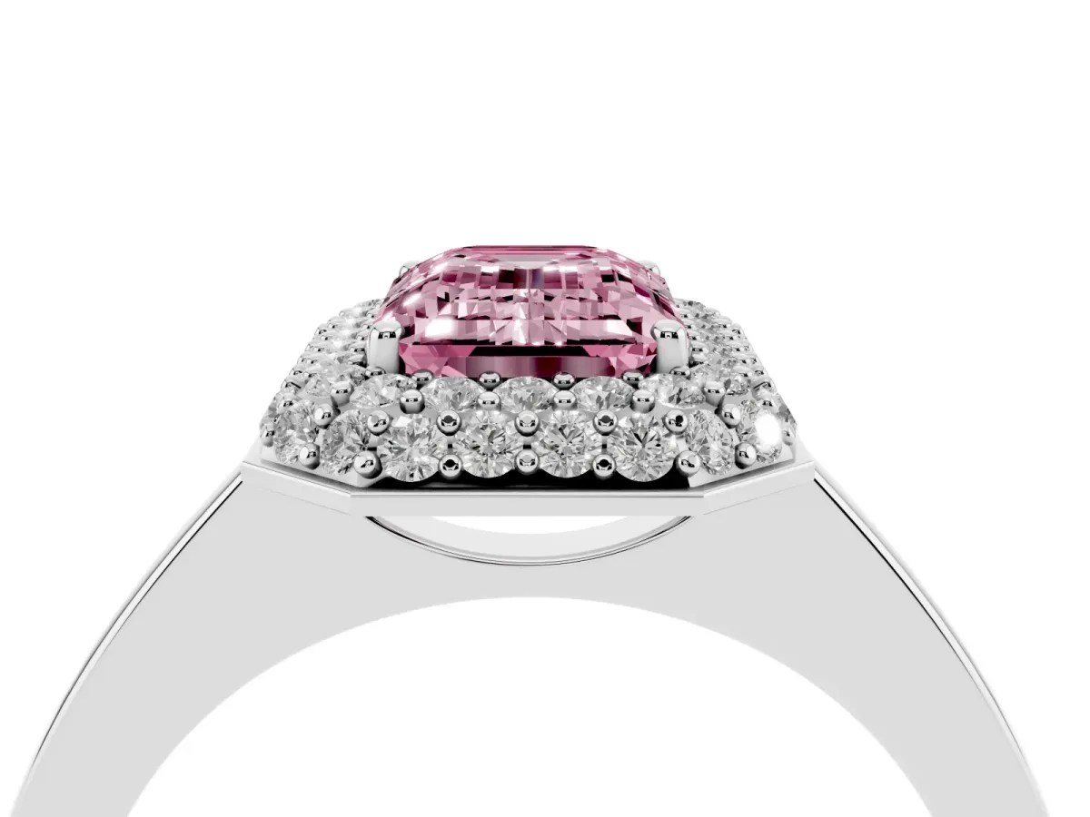 Fancy Pink Emerald Cut Halo Diamond Engagement Ring with Solitaire Band and Four-Prong Setting Silver