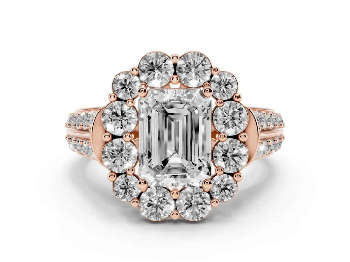 Emerald Cut Halo Diamond Engagement Ring with Split Shank and Prong Setting Rose gold