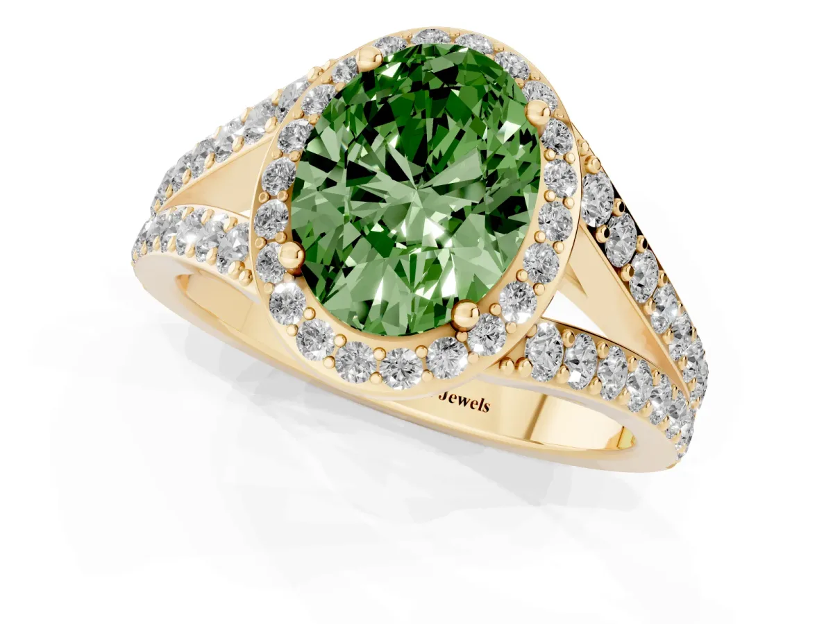 Fancy Green Oval Cut Diamond Split Shank Halo Ring with Four-Prong Setting Yellow gold