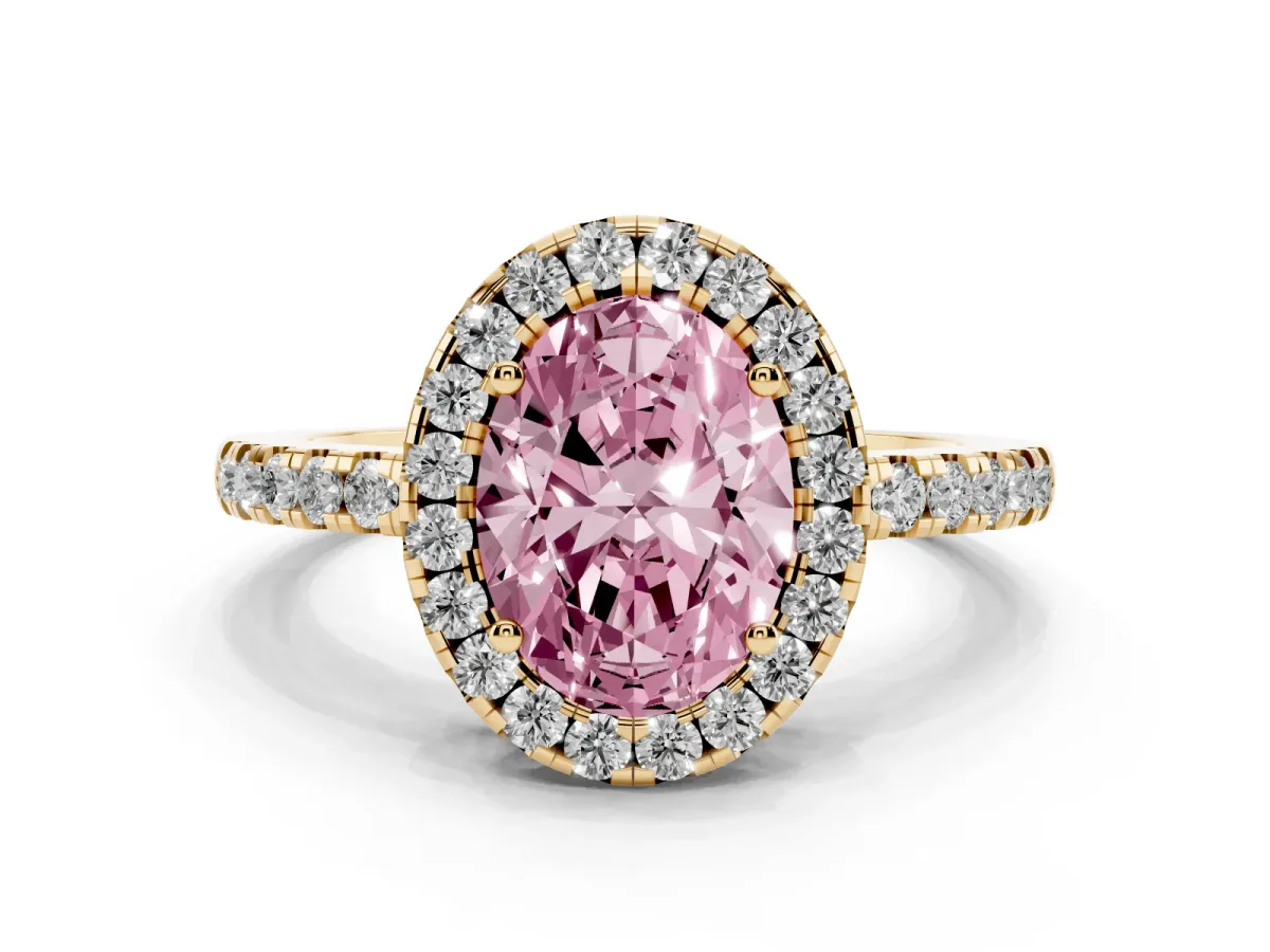 Fancy Pink Oval Cut Halo Diamond Engagement Ring with Pavé Band and Four-Prong Setting Yellow gold