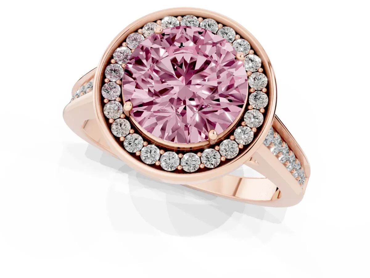 Fancy Pink Round Cut Halo Solitaire Diamond Ring with Pave Band and Bezel Setting Rose gold